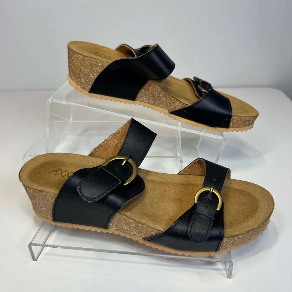 Axxiom Ravine Black Leather Wedge Sandals Slides Women 7M Cork Heel Comfort-core